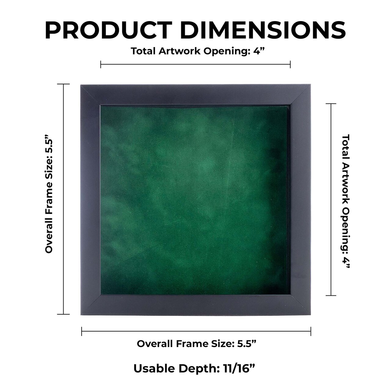 Classic Black Wood Shadown Box Frame with Acrylic Front - Forest Green Suede Backing, 30 Sizes